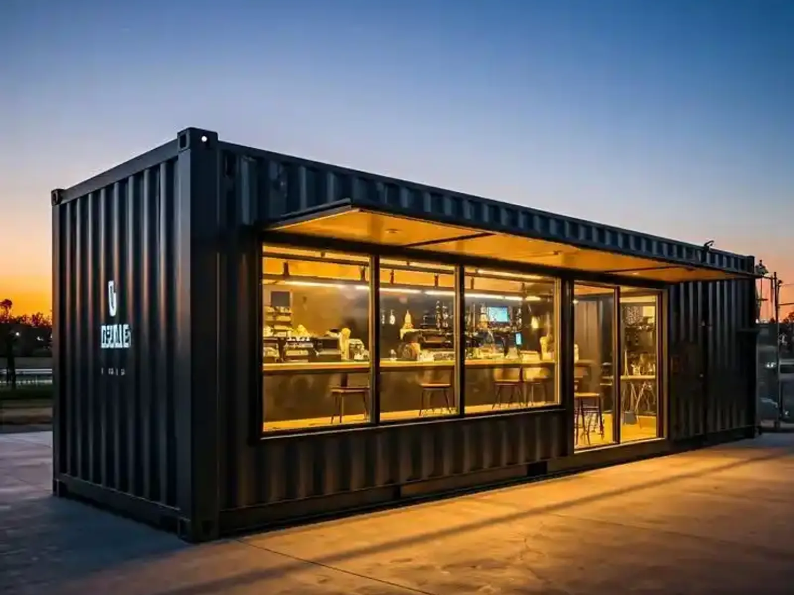 Cafe container with exterior lighting on a Dubai street