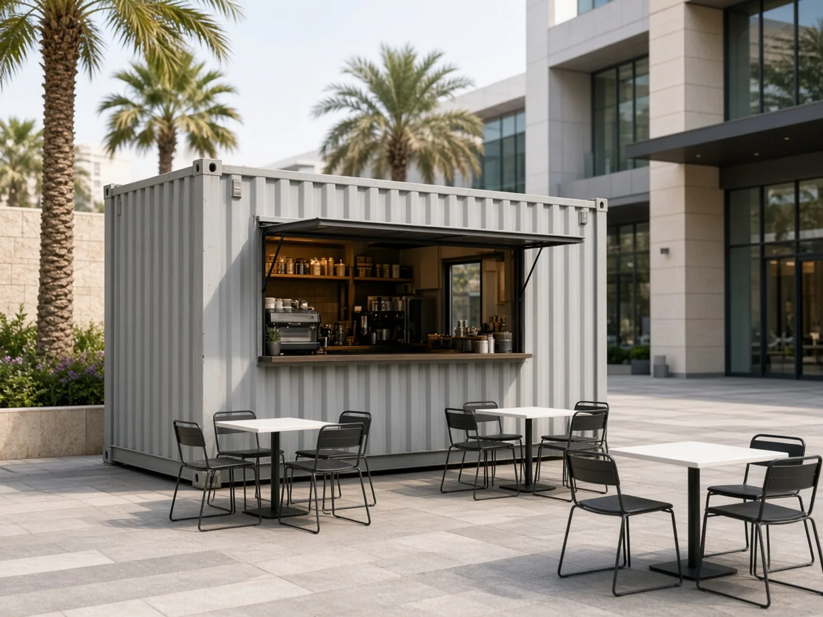 Cafe container with exterior lighting on a Dubai street