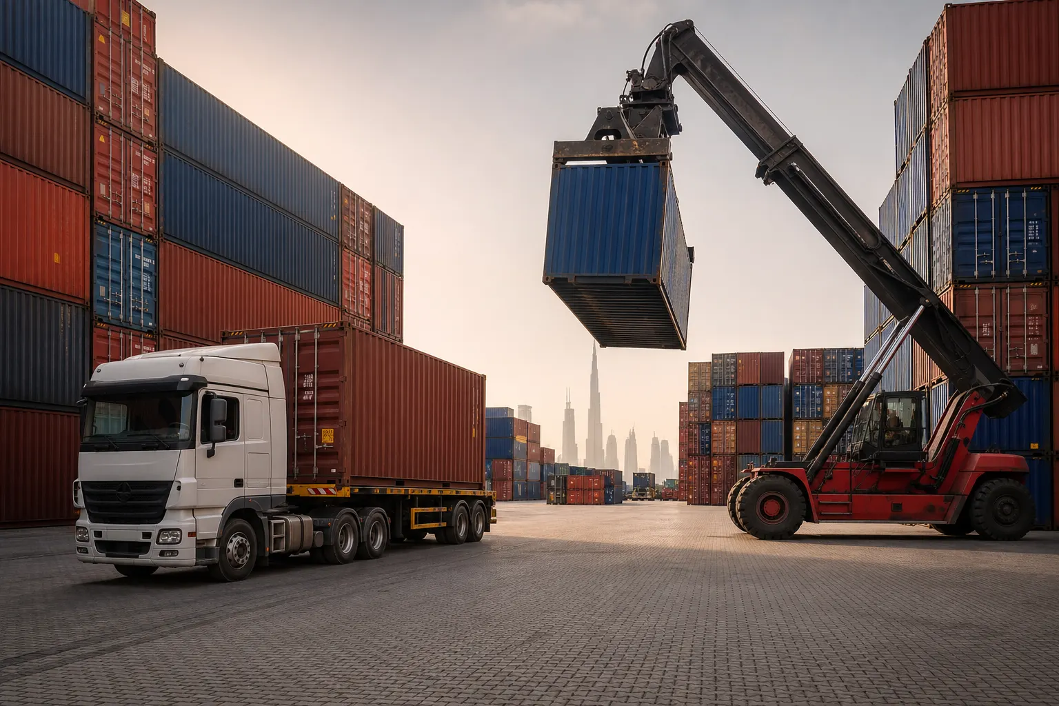20ft and 40ft shipping containers in an active UAE logistics yard