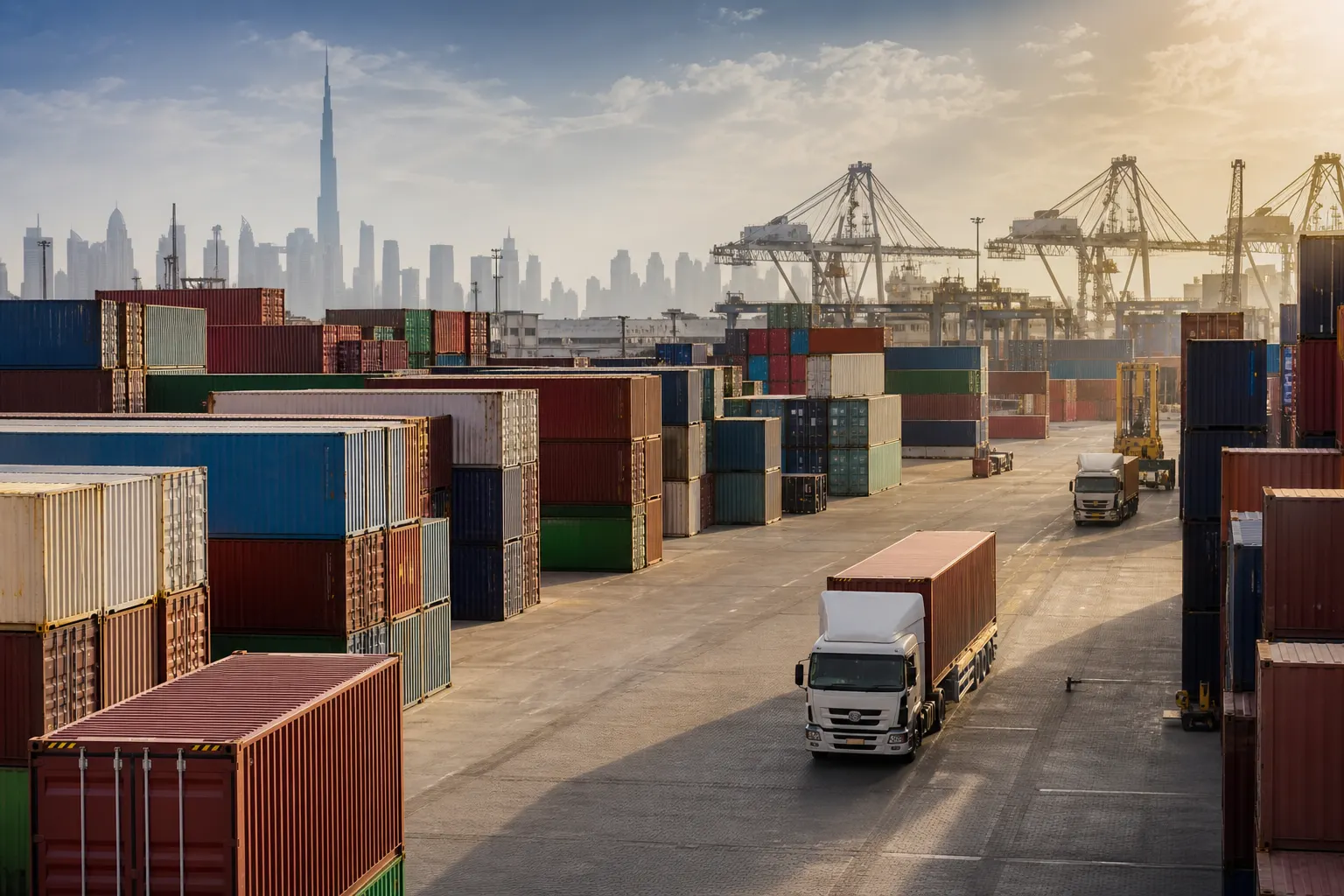 Dubai logistics yard with stacked shipping containers for commercial supply