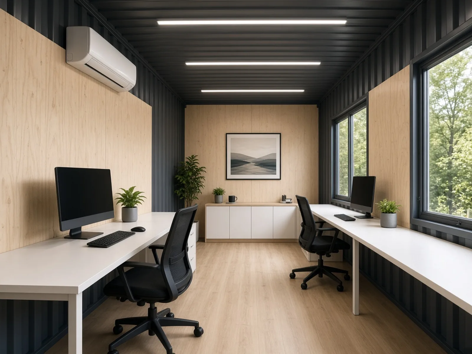 Furnished interior of an office container workspace in Dubai