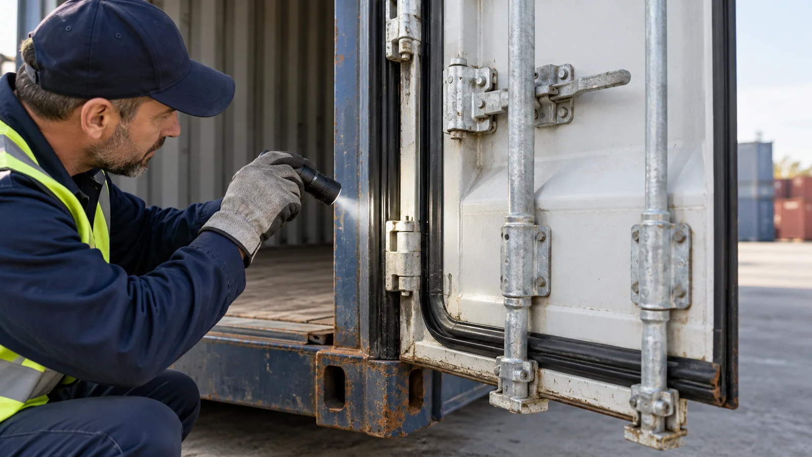 Technician inspecting shipping container door hinges locking bars and gasket