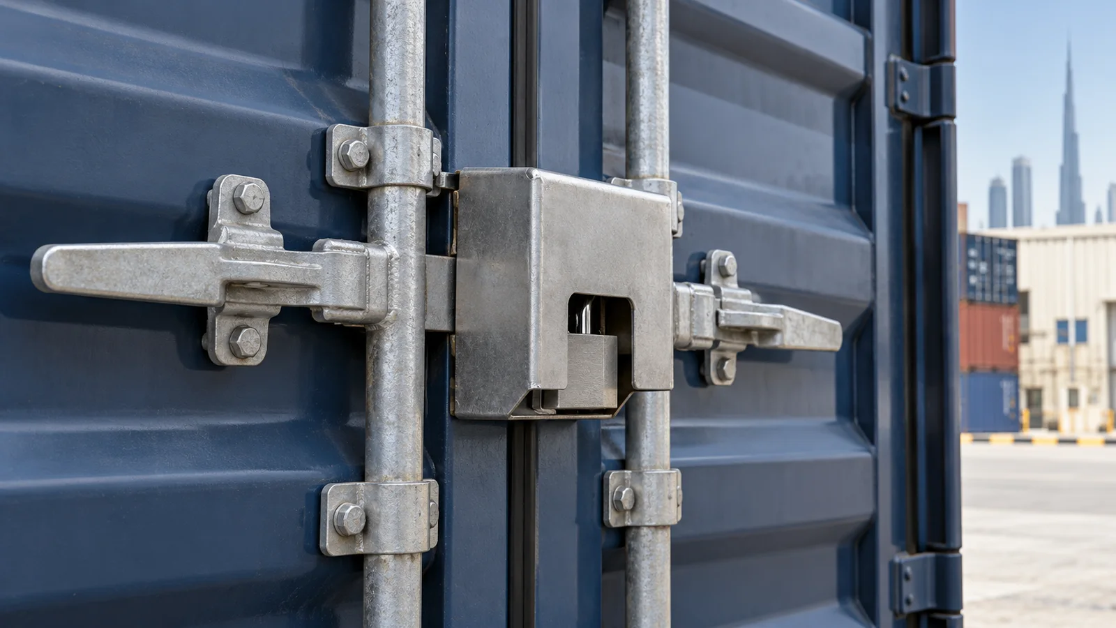 Shipping Container Lockbox and Padlock Enclosed lockbox protecting a padlock on shipping container cargo doors