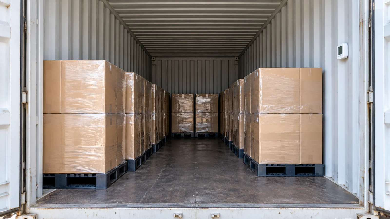 Dry Container Storage Layout Dry cartons stored on raised pallets inside a clean shipping container