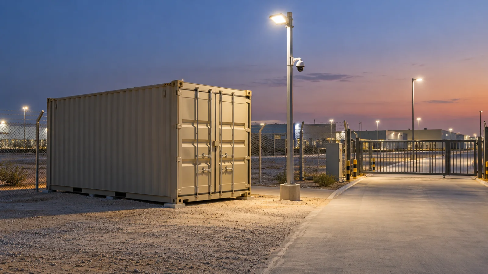 Layered Container Site Security Shipping container positioned within a lit and access-controlled UAE worksite