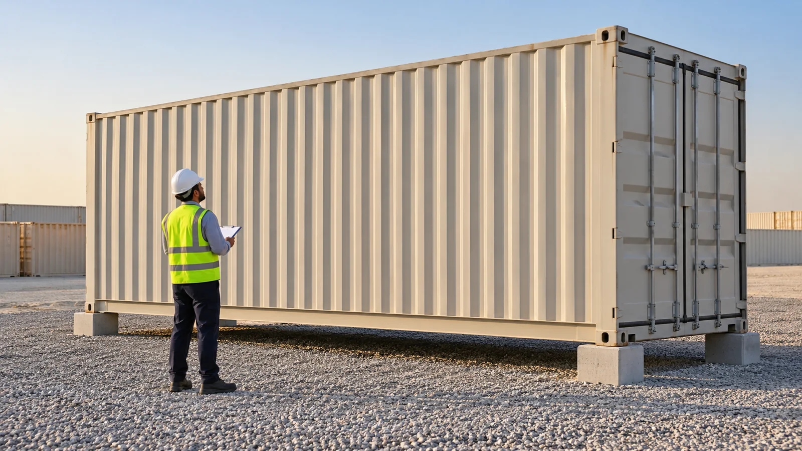 Shipping container on corner supports above a prepared gravel site in the UAE