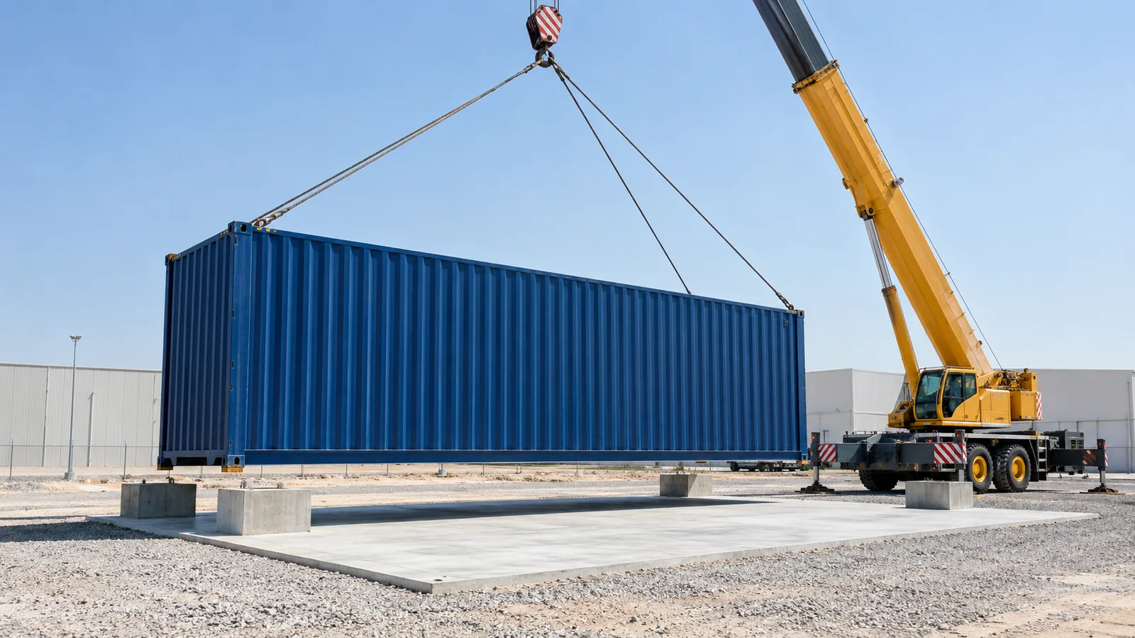 40ft high cube shipping container being placed by crane on prepared supports at a Dubai industrial site