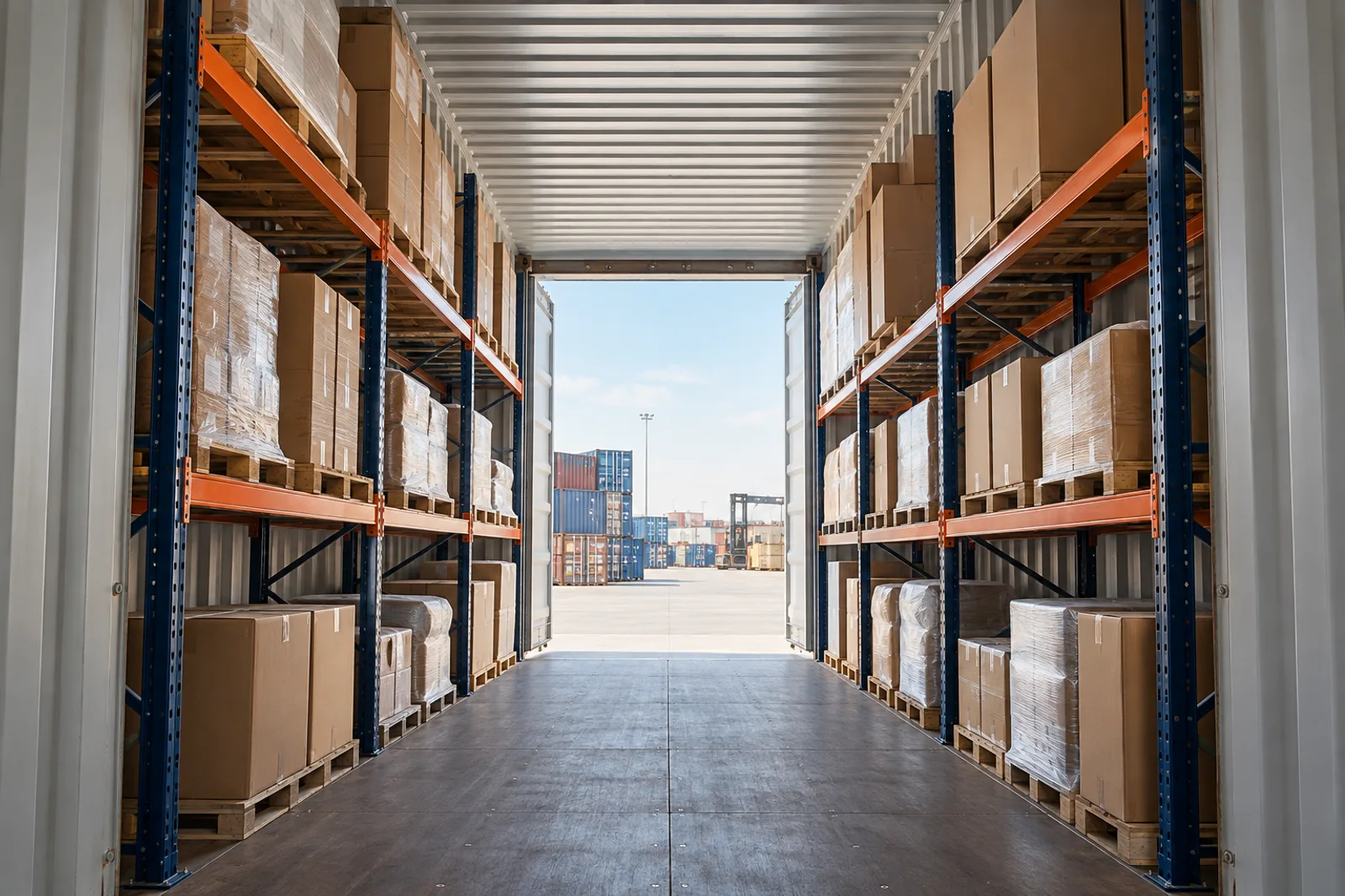 Inside a 40ft high cube shipping container with tall racking and a clear storage aisle