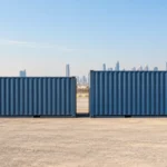 Standard and 40ft high cube shipping containers side by side in a Dubai industrial yard