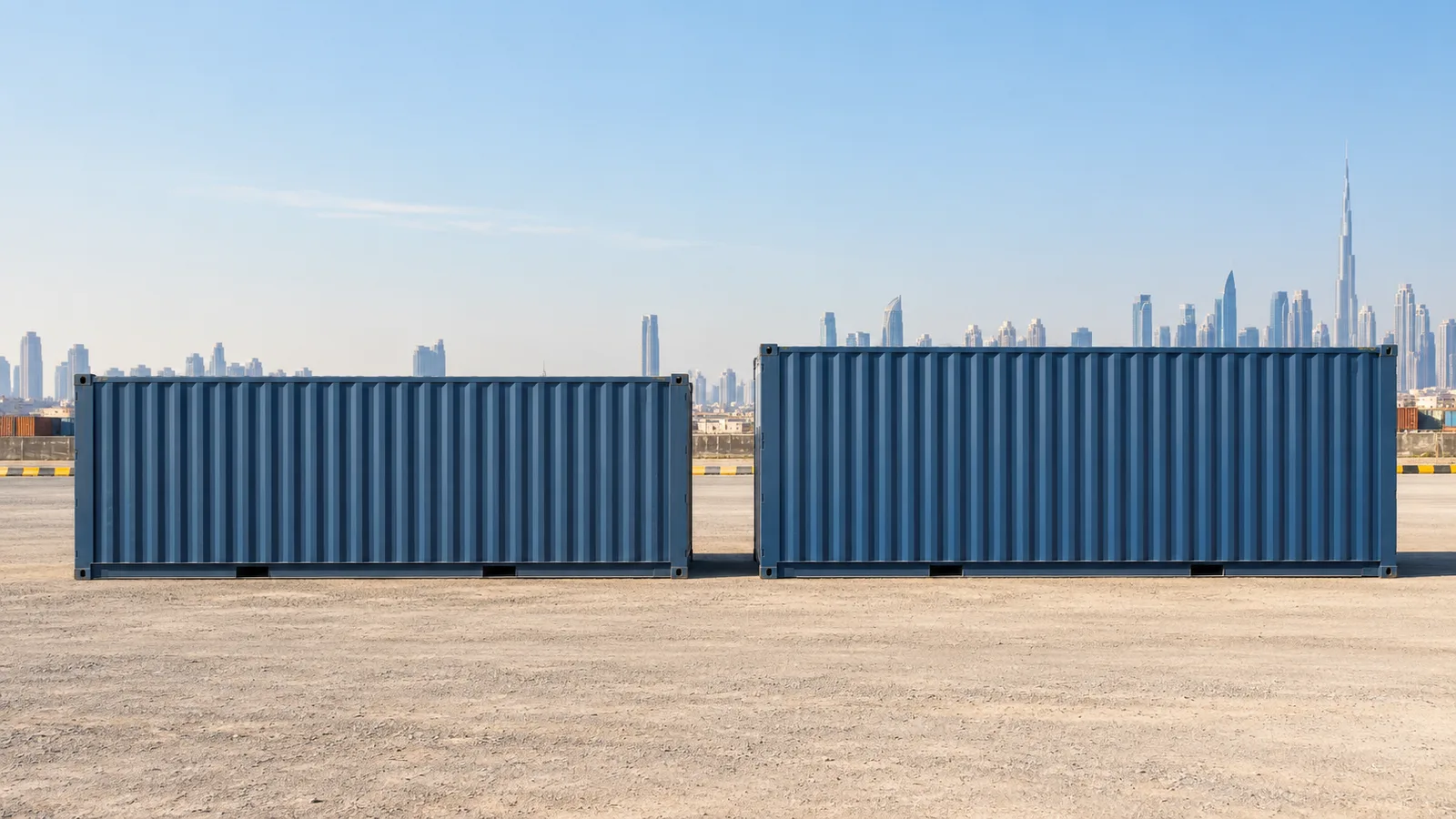 Standard and 40ft high cube shipping containers side by side in a Dubai industrial yard