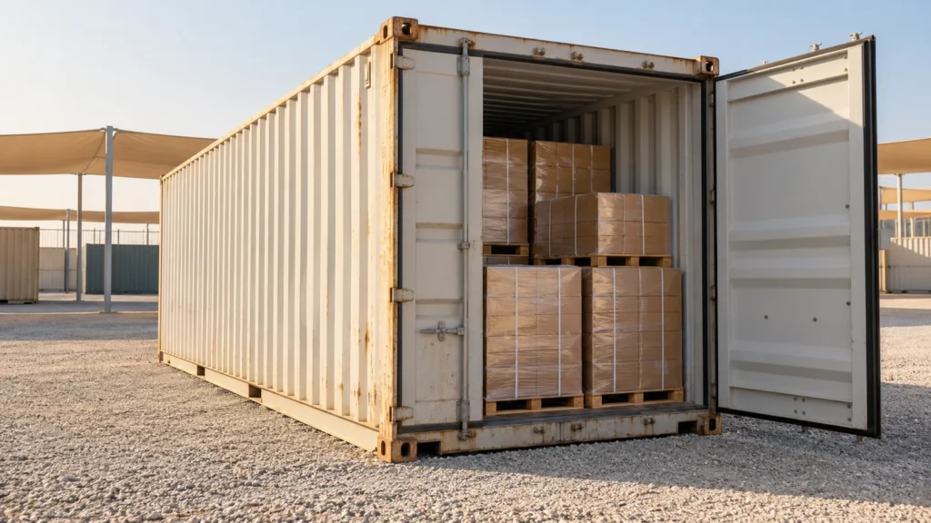 Shipping container prepared for dry goods storage on a level UAE industrial site