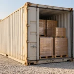 Shipping container prepared for dry goods storage on a level UAE industrial site