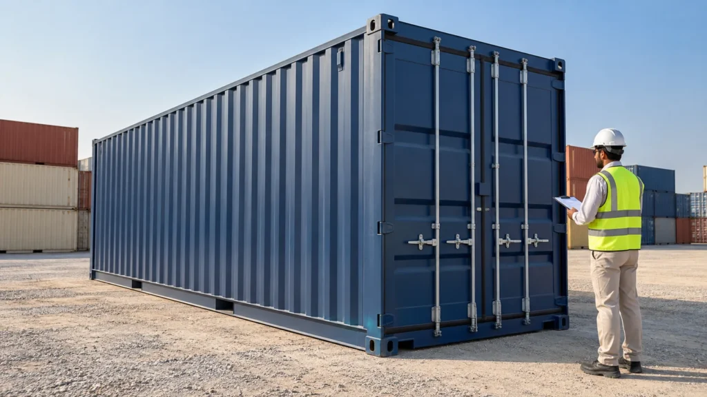 Shipping container being inspected on a UAE industrial storage site