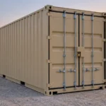 Secured shipping container beside perimeter fencing and site lighting at a Dubai industrial project