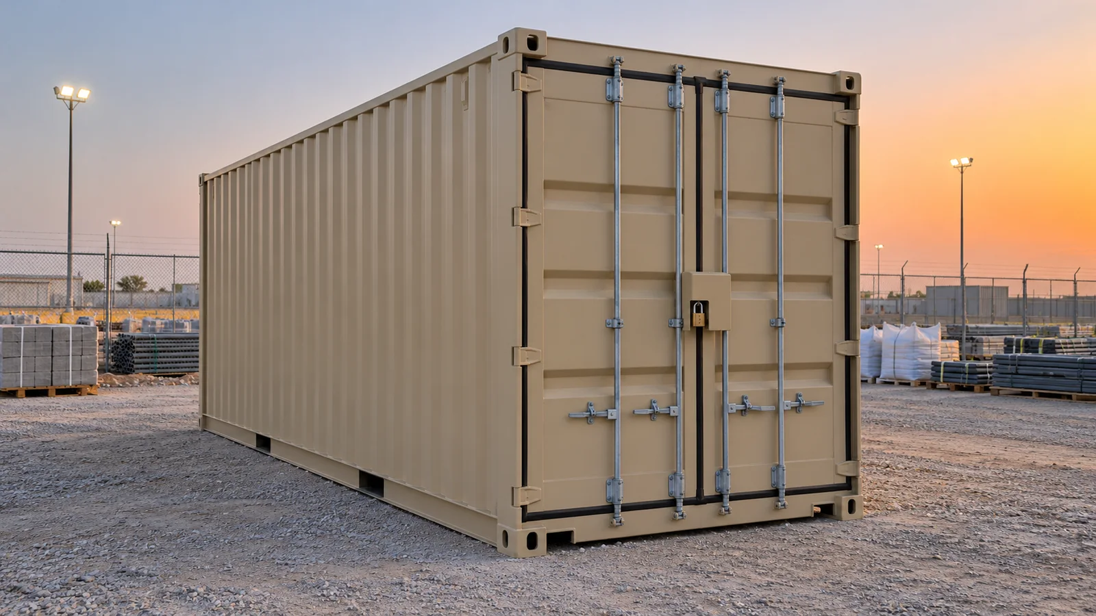 Secured shipping container beside perimeter fencing and site lighting at a Dubai industrial project
