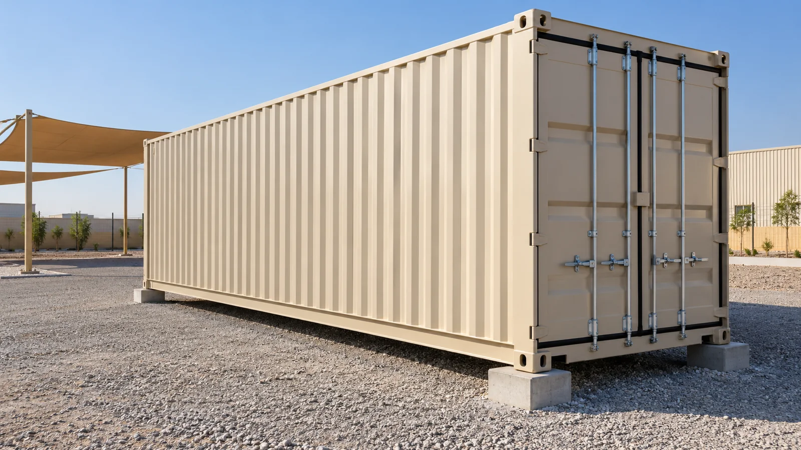 Container Site Preparation for Storage Shipping container raised on corner supports above a drained gravel base in the UAE