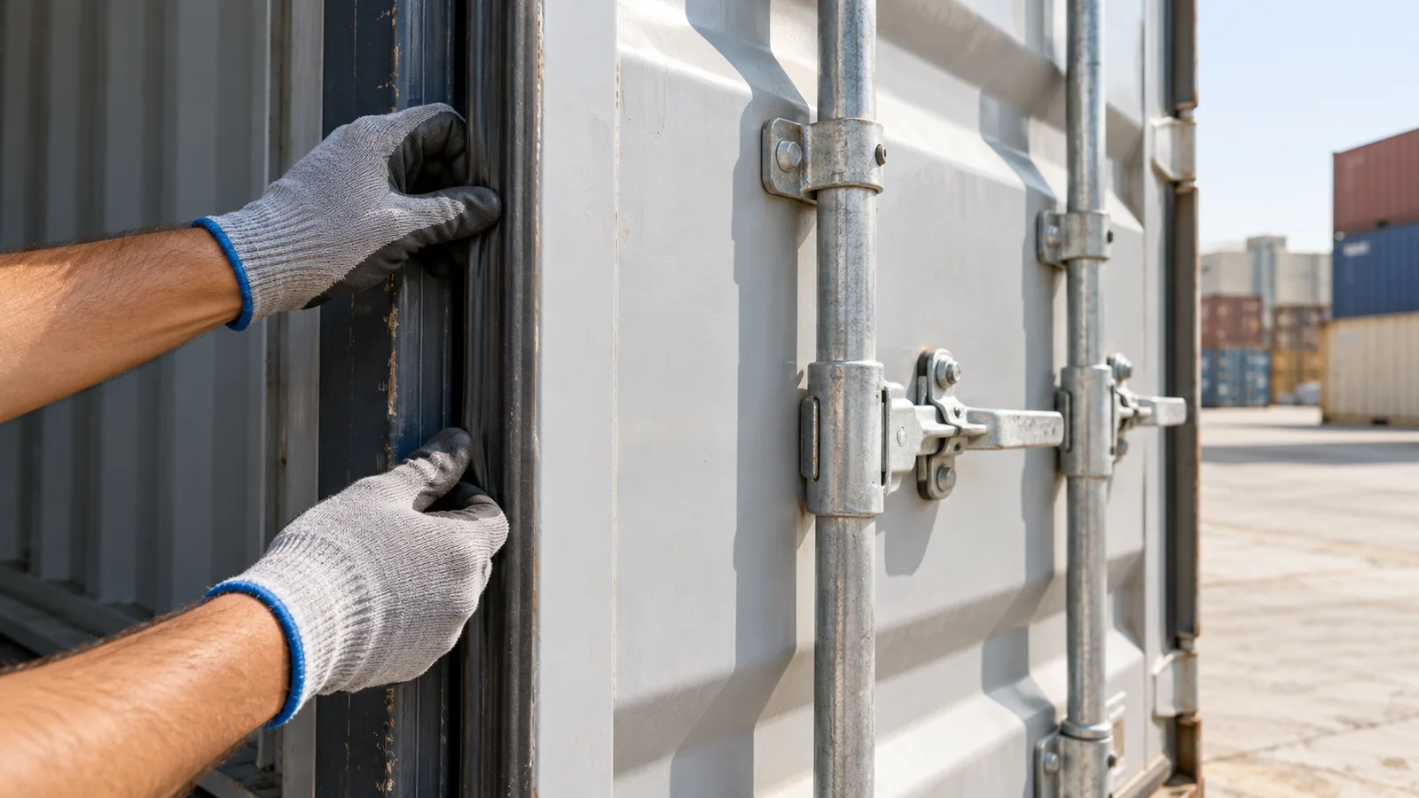 Gloved hands inspecting a used shipping container door gasket and locking bars