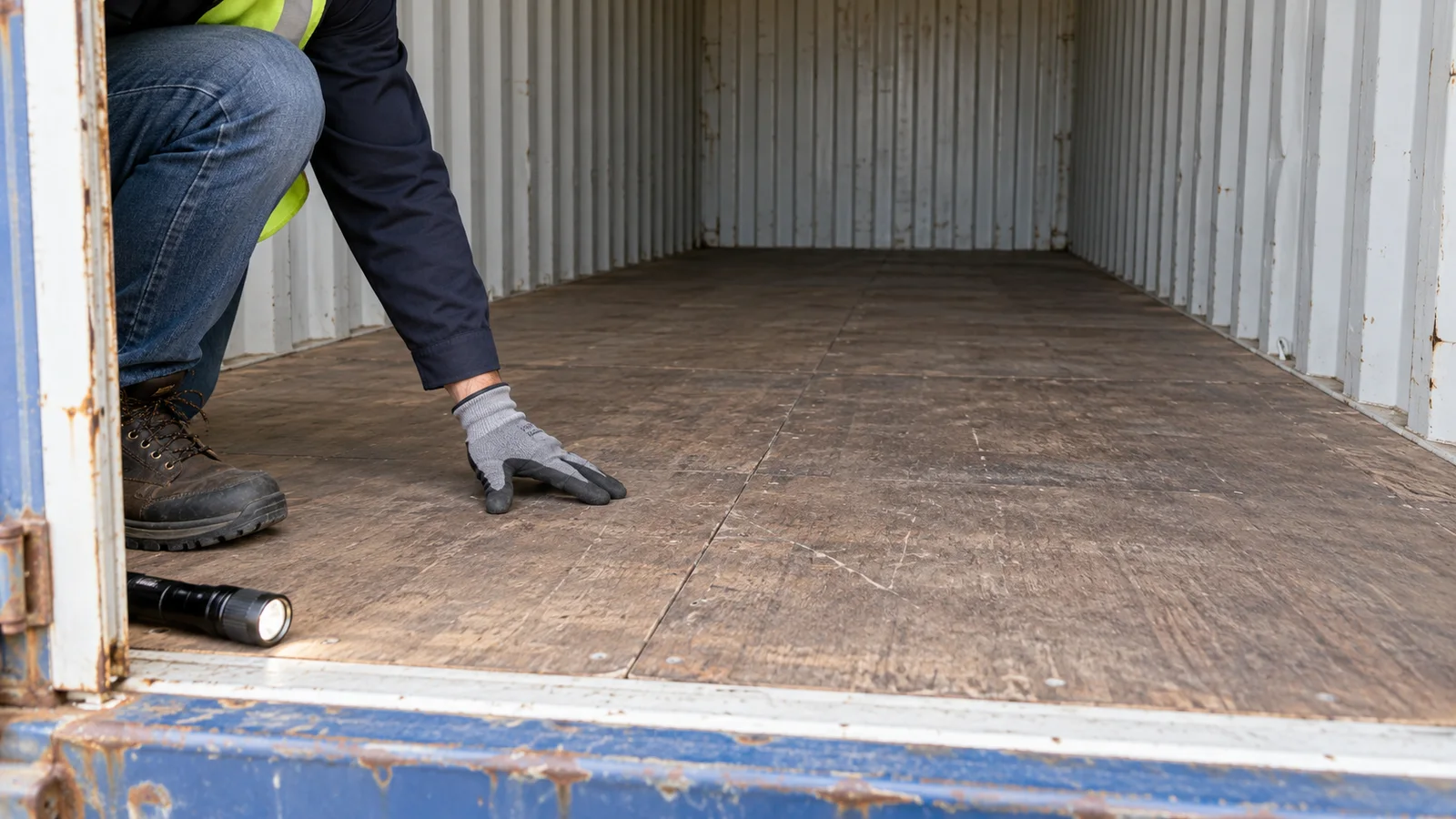 Inspector checking the plywood floor inside an empty used shipping container