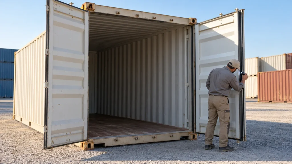 Inspector examining the open doors of a used shipping container in a Dubai industrial yard