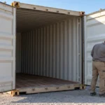 Inspector examining the open doors of a used shipping container in a Dubai industrial yard